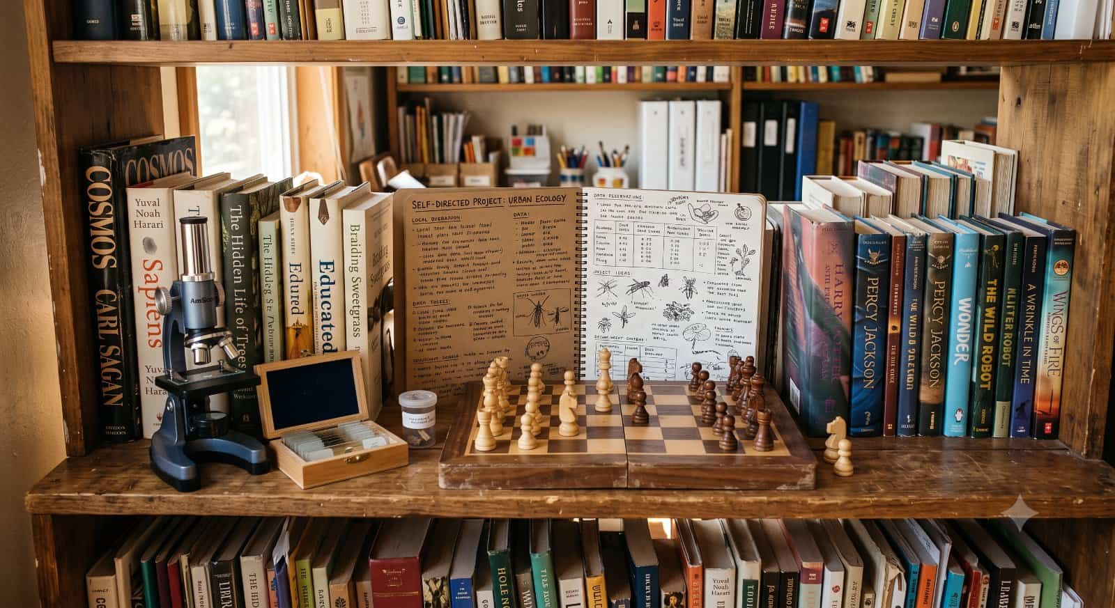 Homeschool family bookshelf with adult nonfiction, middle-grade novels, a chessboard mid-game, a microscope with slides, and a project notebook
