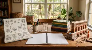 Homeschool workspace with an open workbook flipped past the current page, stacked chapter books, a half-built model of a Roman aqueduct, and a sketchbook of detailed drawings in warm morning light