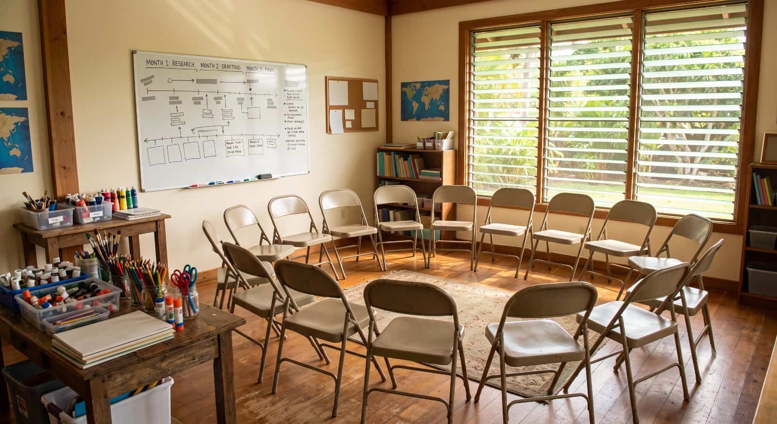 Homeschool co-op meeting space with folding chairs in a loose circle, a whiteboard project timeline, and art supplies on a side table