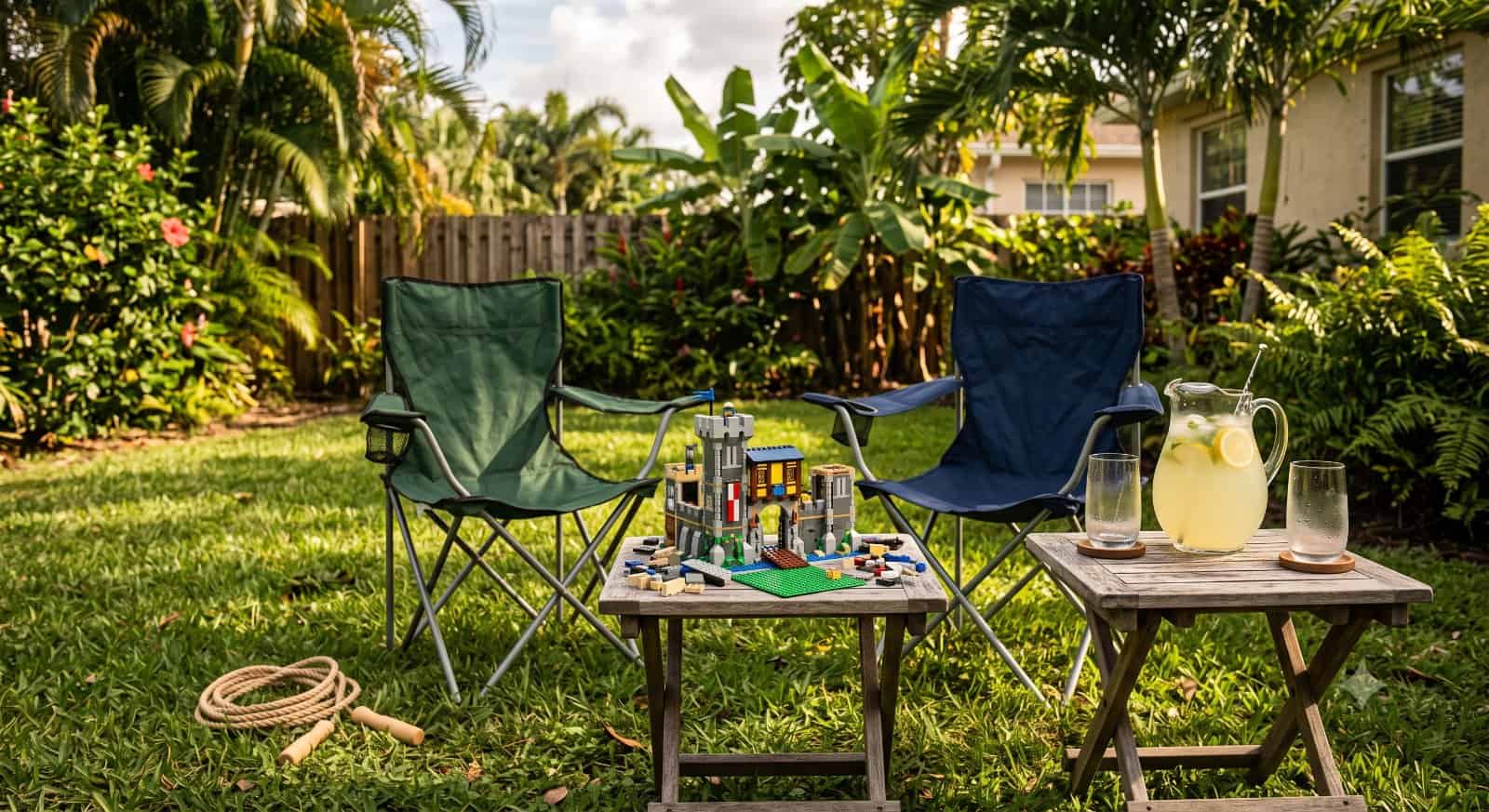 Backyard with two open camp chairs, a half-built LEGO castle on a low table, a coiled jump rope, and a pitcher of lemonade with two cups
