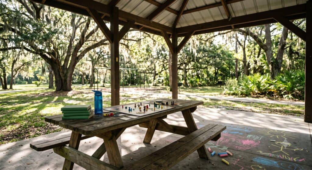 Florida community park pavilion with a picnic table holding a half-finished board game, a kid's water bottle, stacked library books, and colored chalk on the ground under oak trees