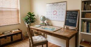 Tidy Florida homeschool room with an unfinished puzzle, a wall calendar with a red-circled date, and a half-erased schedule chalkboard