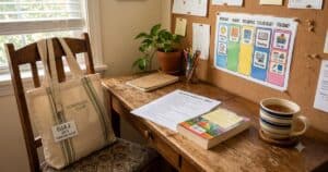 Homeschool workspace with a co-op tote bag on a chair, a printed reading list, and a laminated visual schedule on a cork board