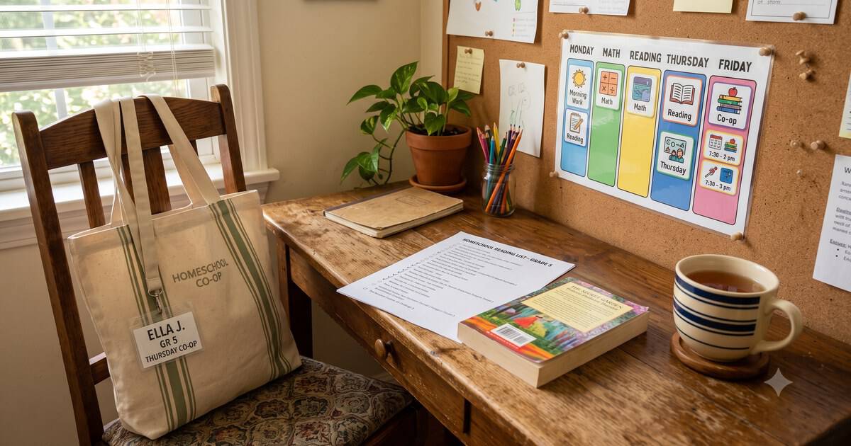 Homeschool workspace with a co-op tote bag on a chair, a printed reading list, and a laminated visual schedule on a cork board