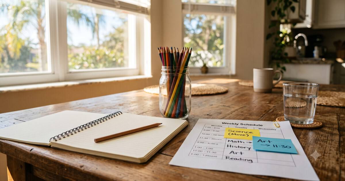 Kitchen table set for homeschool with a fresh notebook and a printed weekly schedule marked with sticky-note changes