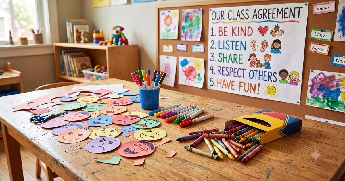 Children's art activity with markers, cut-paper feelings faces, and a group-agreement chart on a bulletin board
