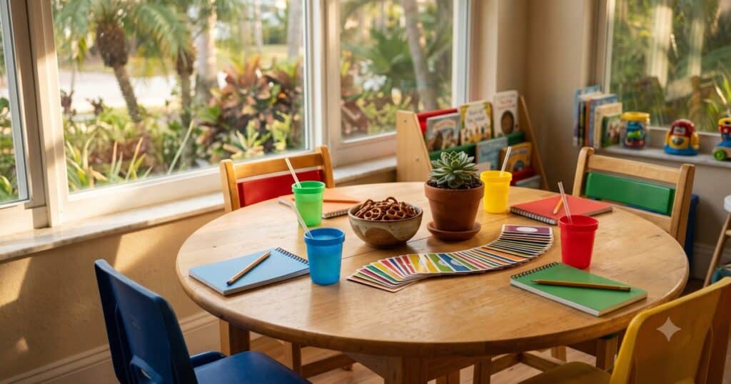 Small-group table set for four kids with water cups, notebooks, and conversation cards in warm Sarasota afternoon light