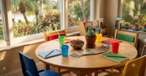 Small-group table set for four kids with water cups, notebooks, and conversation cards in warm Sarasota afternoon light