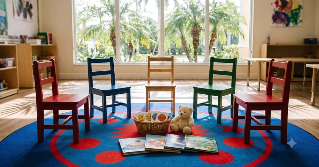 Circle of empty child-sized chairs on a bright rug with a basket of feelings cards and picture books at a Sarasota psychology office