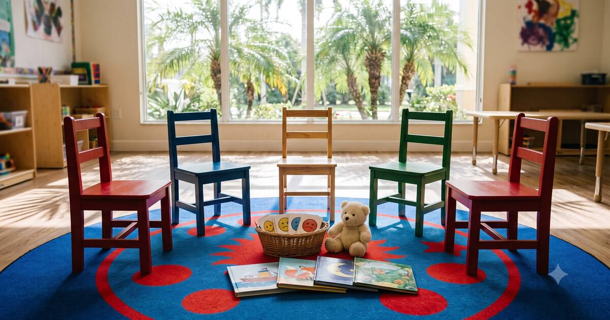 Circle of child-sized chairs around a basket of feelings cards and picture books, with Florida palms visible through the windows