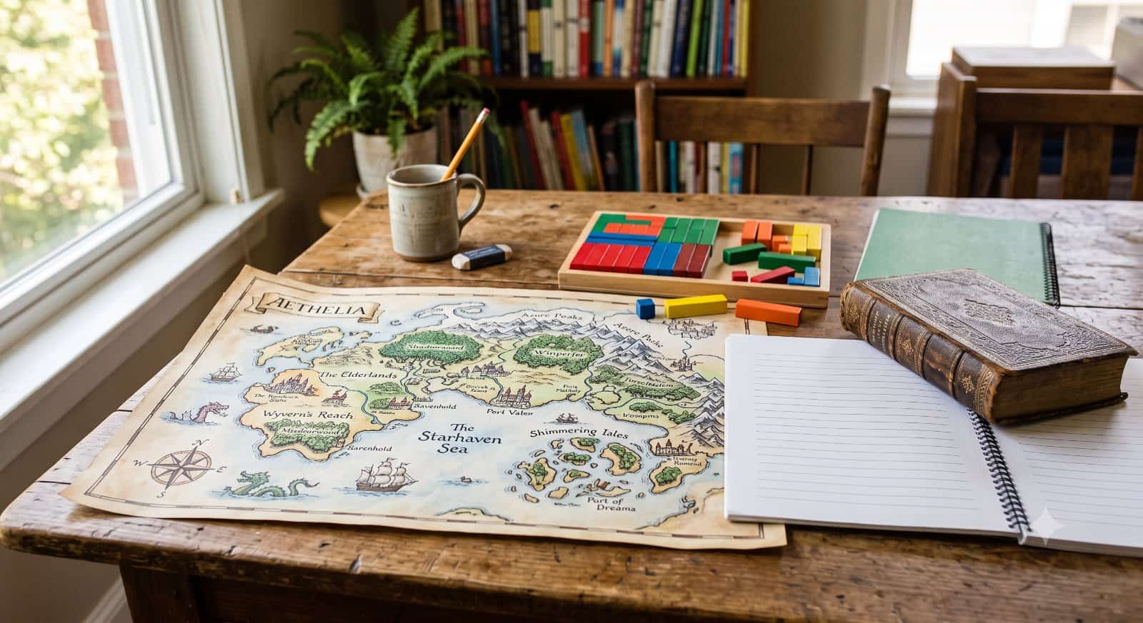 Homeschool table with a hand-illustrated map of an imaginary world, colored math blocks, a mostly empty spelling workbook, and a chapter book resting face-down
