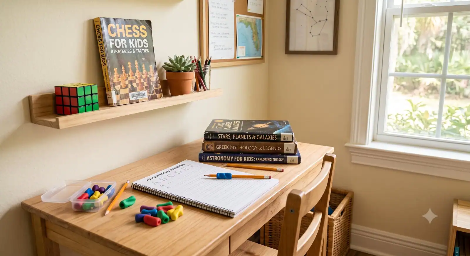 Tidy Florida homeschool corner with a chess book, a solved Rubik's cube on the shelf, stacked library books, and pencil grips beside a mostly blank handwriting page
