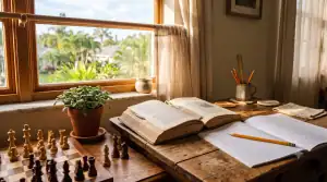Homeschool desk by a sunny Florida window with a chess set, an open chapter book, and a mostly blank notebook with a pencil