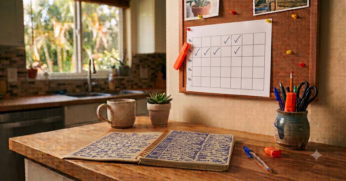 Parent's notebook on a kitchen counter with a decision checklist in blue ink beside a printed homeschool schedule on a corkboard