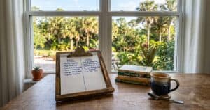 Homeschool family desk in Sarasota with a handwritten pros-and-cons list on a clipboard, children's books, and morning light through a Florida window