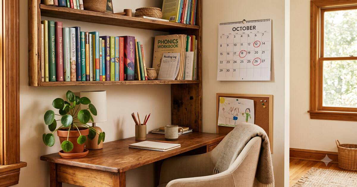 Small home study nook with chapter books, a phonics workbook, and a wall calendar with three days circled in red pencil